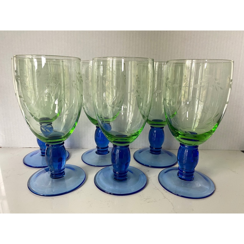 Set of 6 Etched Green and Cobalt Blue Glass Water Goblets Leaf Pattern Stemware